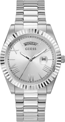 A product shot of a silver Guess watch.