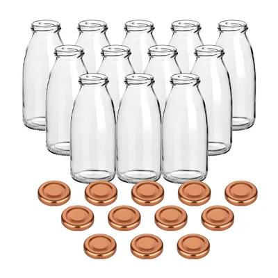 Produktbild von gouveo 12er Set Saftflasche 250 ml mit Schraub-Deckel bronzefarben - Kleine Glasflasche 0,25 l mit TO43 Verschluss - Leere Flasche zum Befüllen für Küche und Haushalt
