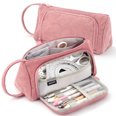 Produktbild von Federmäppchen - Girly Federmäppchen Federmäppchen aus Cord mit 3 Fächern für Schule und Büro (Rosa)
