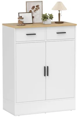 Productafbeelding van Dressoir met opbergruimte, ladekast met 2 lades, verstelbare plank, voor keuken, woonkamer, hal, naturel hout, wit