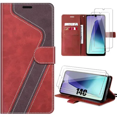 Image de Coque + 2 Verres Trempés pour Xiaomi Redmi 14C, Antichoc Anti-Rayures Cuir Synthétique Rouge