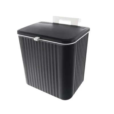A black trash can with a white handle and lid, shown against a white background.