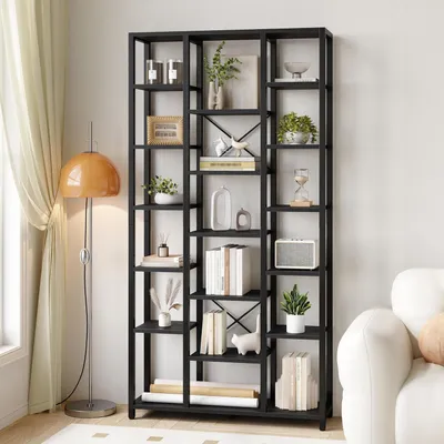 Obrázok produktu pre Regálová zostava so 7 policami a 18 odkladacími plochami, rozmer 30 x 100 x 202 cm, čierna s textúrou imitujúcou drevo