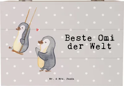 Produktbild von Mr. & Mrs. Panda Geschenkbox Pinguin Beste Omi der Welt 22 x 15 cm - Grau Pastell - Geschenk, fotobox, Kiste, Geschenkidee, Geburtstag, Bester, mit Deckel, Mitbringsel