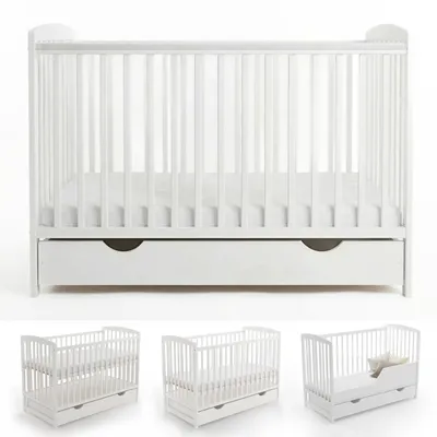 Produktbild von Love For Sleep Weiß Babybett Gitterbett mit Schublade 120 x 60cm + Schaumstoffmatratze + Sicherheitsgitter aus Holz + Schutzhülle