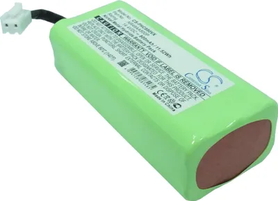 A close-up, angled view of a green battery pack with a white connector cable.