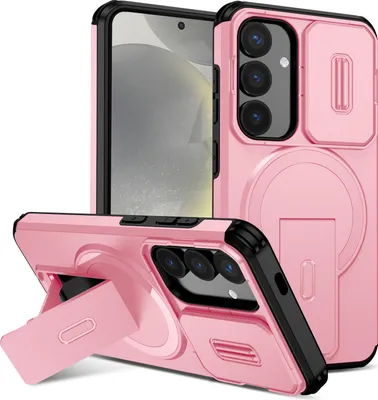 Obrázek produktu pro Magnetické pouzdro pro Samsung Galaxy S25/S24, dvouvrstvé odolné pouzdro s posuvnou ochranou fotoaparátu a nastavitelným stojánkem Růžová