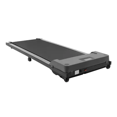 A gray and black motorized treadmill is shown from a side angle against a white background.