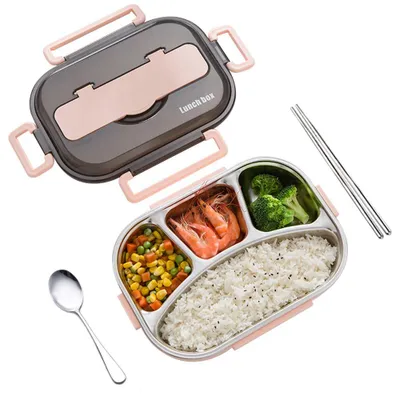 Edelstahl Bento Box 4 Fächer, 1300 ml, rosa, inkl. Besteck