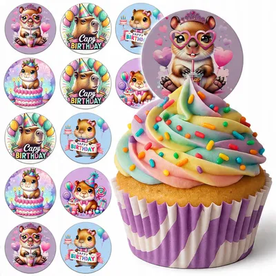 Zdjęcie produktu dla Opłatek Na Babeczki Muffinki Zestaw Na Urodziny 12Szt - Kapibara