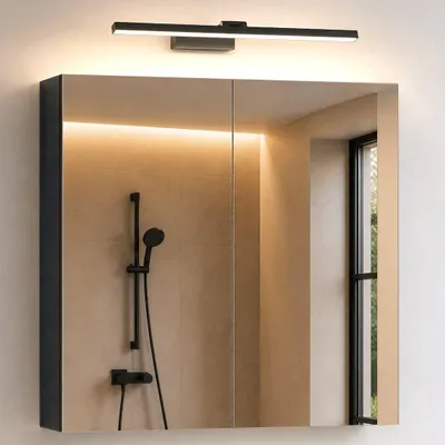 Image de doporro Armoire Murale Salle de Bains avec Miroir et Lampe Strahlenschön Noir Placard de Rangement Étagères Réglable Anthracite Mat en Bois Armoire de Toilette 3 Portes 80x15x70 cm Spiegelschrank 02