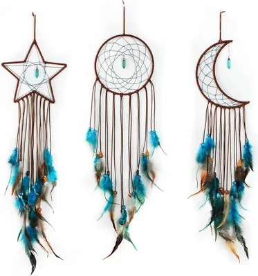 Produktbild von 3 Traumfänger Mond Sonnen Stern Design Handgefertigt Traditionell Design Handwerk Ornamente für Wand Kunst Hängend Wohnung Deko für Schlafzimmer Jungen Mädchen (Dunkelblau)