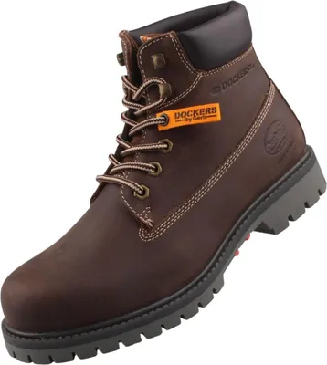 Auf dem Bild ist ein brauner Stiefel zu sehen der seitlich präsentiert wird. Die Struktur des Materials und die Form des Stiefels sind deutlich erkennbar.