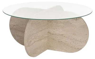 Image de Table basse de salon en verre trempé et bois MDF mélaminé travertin et transparent 75 x 75 x 35 cm