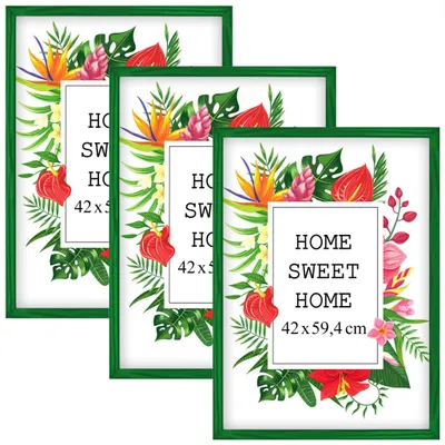 Obrázok produktu pre Sada 3 zelených obrazových rámov MG Design, formát A2 (42 x 59,4 cm) – vyrobené z prírodného dreva s akrylovým sklom, vhodné na zavesenie aj na postavenie, pre fotografie, plagáty a puzzle
