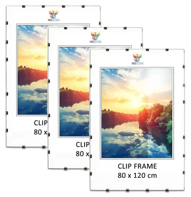 Produktbild von MG Design Cliprahmen Set 3 Stück in 80 x 120 cm - Rahmenlose Bilderrahmen mit Acrylglas & HDF-Rückwand für Fotos, Poster & Puzzle, vertikal & horizontal
