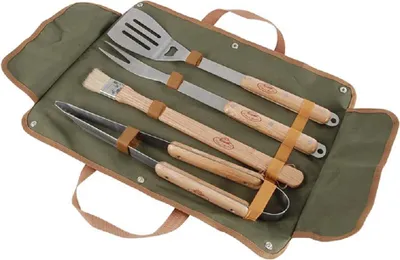 Produktbild von Grillbesteck Set mit Tasche – 4-teilig, Edelstahl & Holzgriffe, BBQ Set