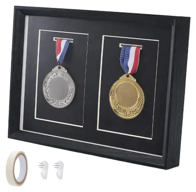 Medaillen-Display-Schattenbox, 2-in-1, Holz, schwarz, 31,6x22,8x4 cm