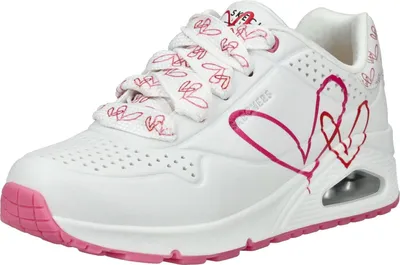 A white Skechers sneaker with pink heart accents and laces.