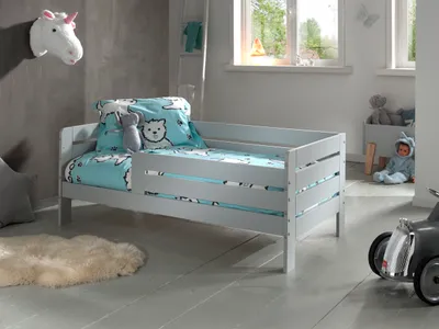 Produktbild von Vipack - Juniorbett mit Liegefläche 70 x 140 cm, Umrandung mit waagerechten Paneelen, Ausf. MDF hellgrau lackiert