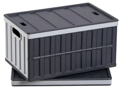 Produktbild von Klappbox 65 L - Faltbare Aufbewahrungsbox 2er-Set - Stapelbar - Mit Deckel - Tragkraft 38 kg pro Box - Robuster Kunststoff - Grau & Schwarz