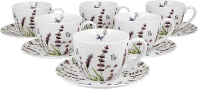 Produktbild von DUO FLORAL 6er-Set Tassen 220 ml CLASSIC LAVENDER mit Untertassen, New Bone China Porzellan