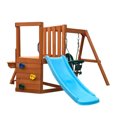 A wooden playground set with a blue slide and a green swing, isolated on a white background.