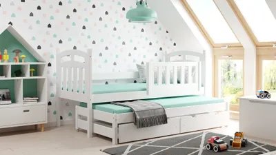 Produktbild von Meble Wróbel, Holz-Kinderbett Zuzia Duo, Stabiles Ausziehbares bett, 80 x 160 / 80 x 150 cm, Weiß