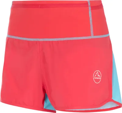 Rote Damen-Shorts "Vector Short W" von La Sportiva mit blauen Akzenten und reflektierenden Details.