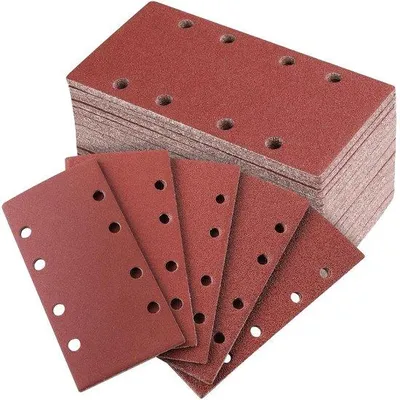 Immagine prodotto di Set di 50 fogli di carta abrasiva - 93 x 185 mm - Carta abrasiva rettangolare con 8 fori per levigatrice (grana 40, 60, 80, 120, 240)