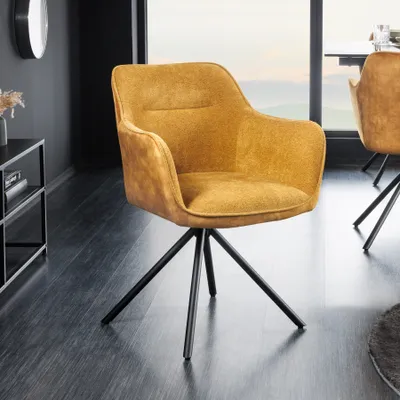 Produktbild von riess-ambiente Drehbarer Stuhl VERONA senfgelb Samt Strukturstoff mit Armlehne Metallbeine schwarz Drehstuhl Esszimmerstuhl Konferenzstuhl