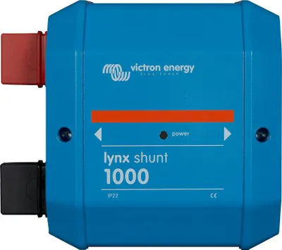 A blue electronic device with red and black connectors.