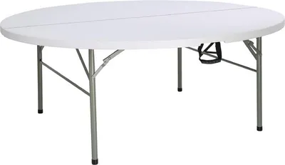 A white round folding table with metal legs.