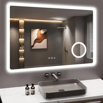 Produktbild von GIMBELEN Badezimmerspiegel 80 x 60 cm mit Beleuchtung, 3 Lichtfarben, Dimmbar, Antibeschlag, 3-Fach Vergrößerung, Rasiersteckdose, Explosionsgeschützt