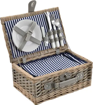 Produktbild von [casa.pro]® Picknickkorb für 2 Personen mit Kühltasche, Besteck, Geschirr, Gläsern - weiß/blau