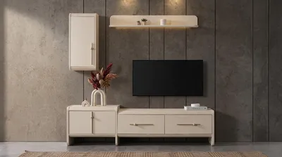 Image de Meuble mural, meuble de rangement, étagère, salon, style moderne, couleur beige