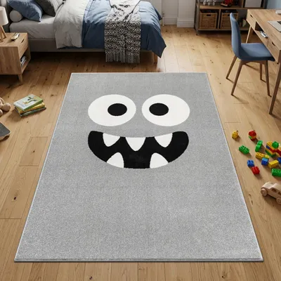 Image de Tapis pour enfants design, gris, motif monstre, dimensions : 140 x 200 cm