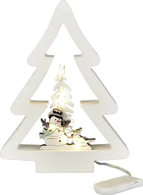 A white wooden Christmas tree decoration with a snowman and a small tree inside, illuminated by LED lights.