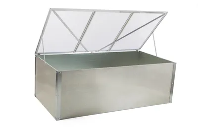 A silver metal cold frame with a clear, hinged lid, shown against a white background.