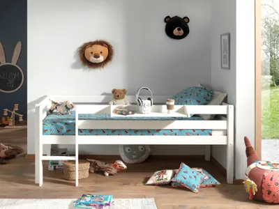Produktbild von Vipack Kojen-Spielbett mit Liegefläche 90 x 200 cm, inkl. Leiter, Rolllattenrost und Hängeregal, Kiefer massiv weiß lackiert