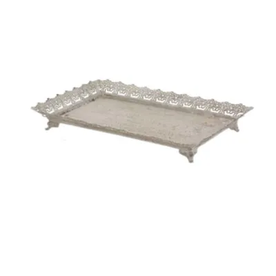 Produktbild von Shabby Serviertablett Metall antikgrau 41x27x6 cm auf Füßen mit Ornamentrand
