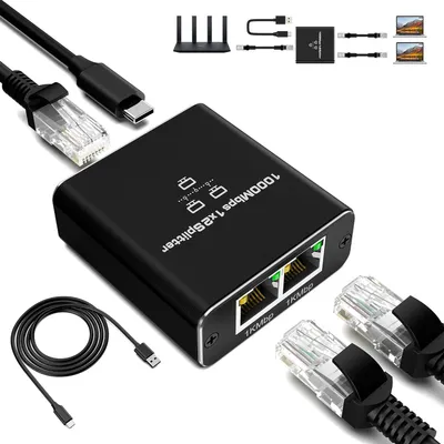 Produktbild von LAN Splitter 1 auf 2 1000Mbps Ethernet Splitter Aluminiumgehäuse LAN Switch 2 Port mit Type-C Stromkabel Gigabit Ethernet Switch für Computer, Hub,
