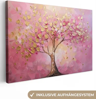Produktbild von Leinwand Bilder 120x80 cm - Lebensbaum - Rosa - Gold - Modern, Bilder, Wanddeko Wohnzimmer