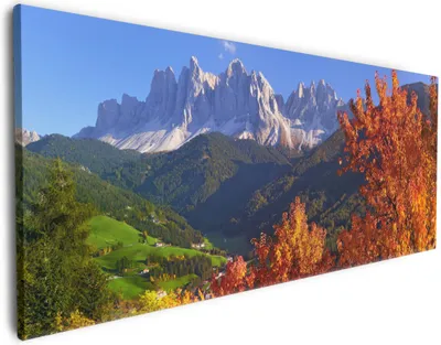 Produktbild von Wallario Premium Leinwandbild Herbst im Gebirgstal unter blauem Himmel in Größe 50 x 125 cm