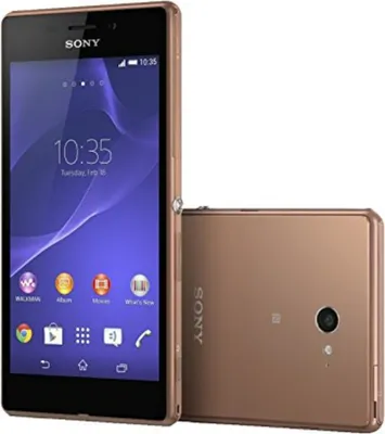 A copper-colored Sony Xperia M2 Aqua smartphone is shown from the front and back, with the screen on.