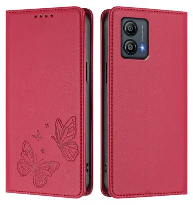 Produktbild von Lederhülle für Motorola Moto G53, Schmetterling Prägung Leder Brieftasche Schutzhülle mit Ständer Rot