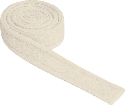 A rolled-up beige fabric belt, likely for a bathrobe, is shown against a white background.