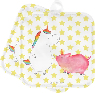 Produktbild von Mr. & Mrs. Panda Topfuntersetzer Einhorn Schwein - Weiß - Geschenk, topfhalter, Topflappenset, Unicorn, Topflappen, Schweinchen, Freundin, Set, Einhörner, Kochlappen
