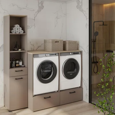 Produktbild von Hauswirtschaftsraum-Set in beige mit Eiche, Umbauschrank für Waschmaschine und Trockner, Hochschrank, 2-teilig - RISAN-83