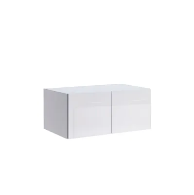A white, high-gloss cabinet with two doors, shown from a slight angle against a white background.